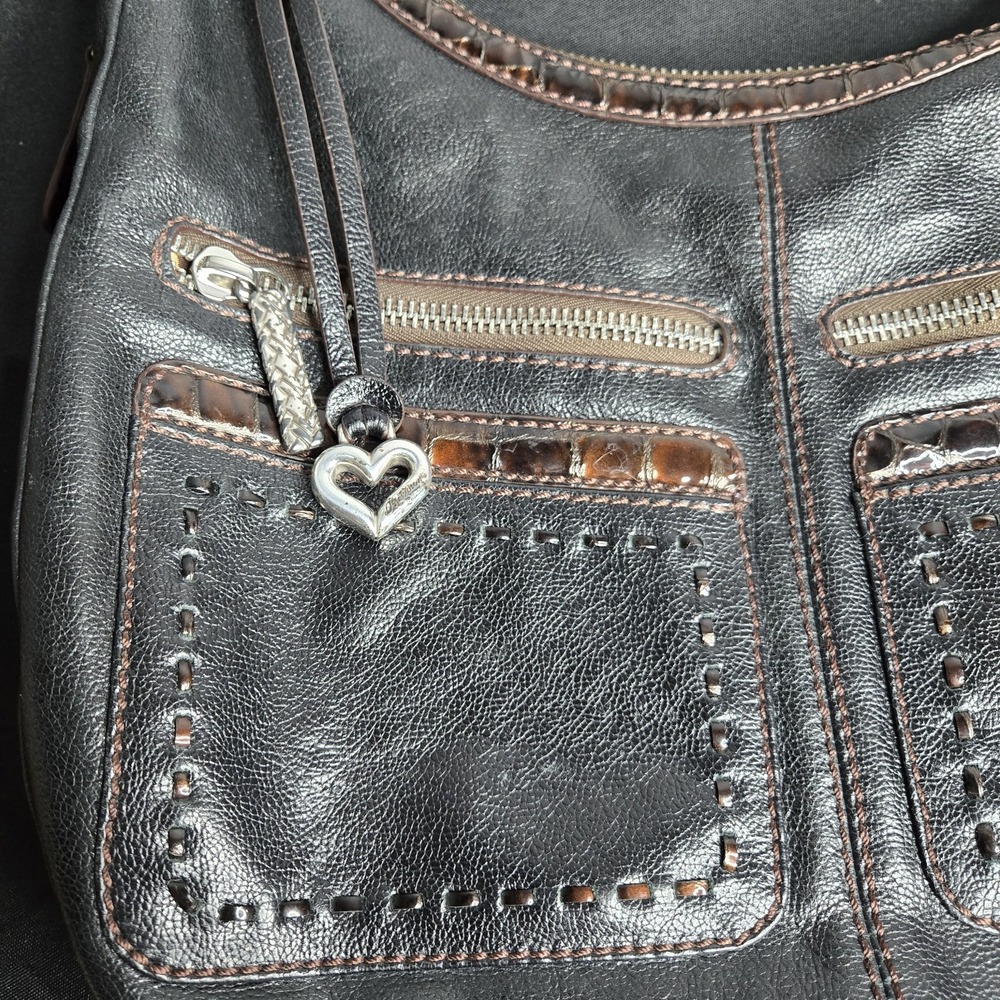 Brighton Black Leather Hobo Bag Croc Embossed Trim Braided Strap Expanding Y2k - Picture 2 of 9